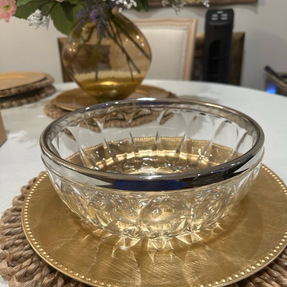 Vintage! Italy Crystal Floral Bowl With Silver Plated Rim 9.25” Wide